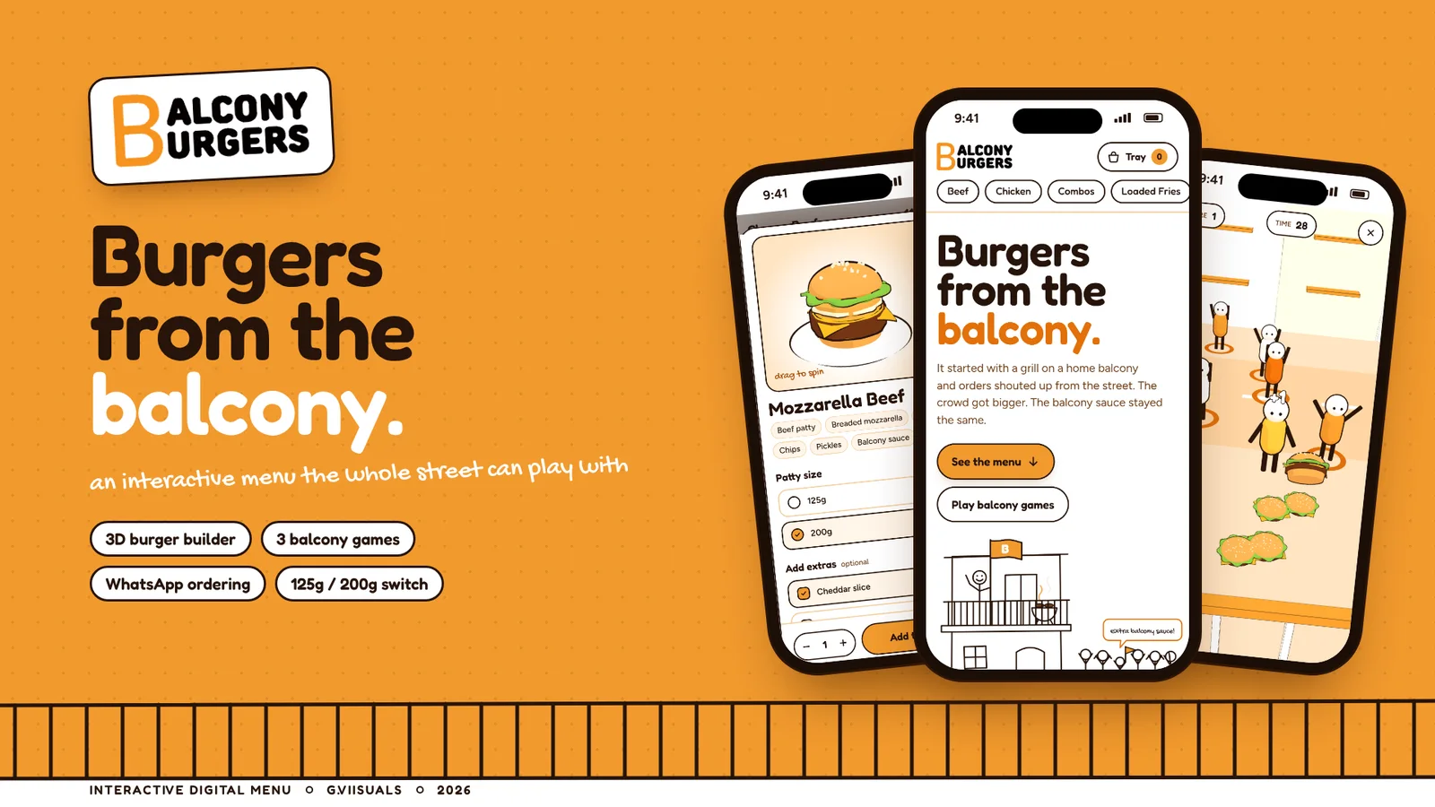 Balcony Burgers: 3D burger builder, patty-size switch, balcony games